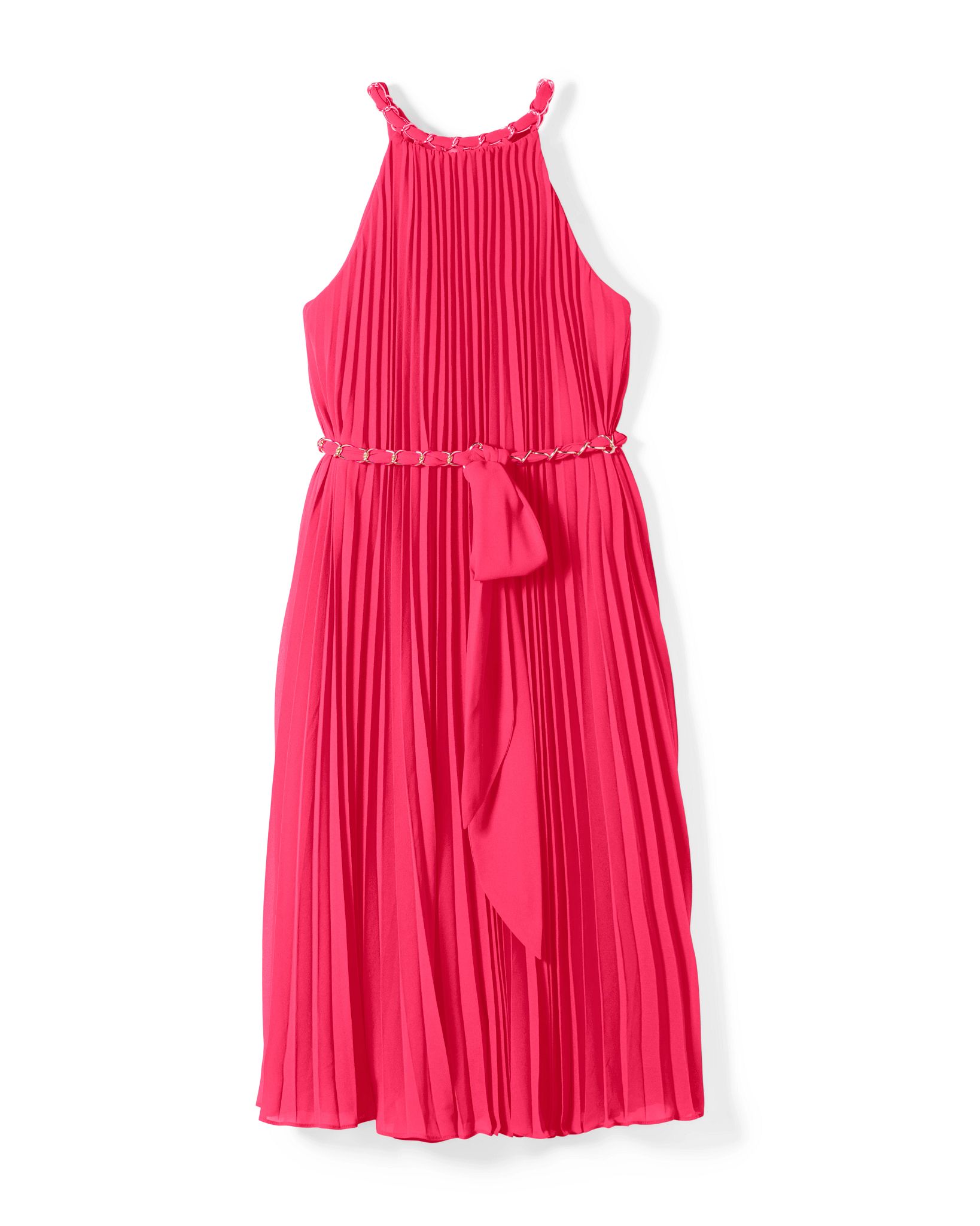 Sleeveless Pleated Halter Dress with Chain Detail | White